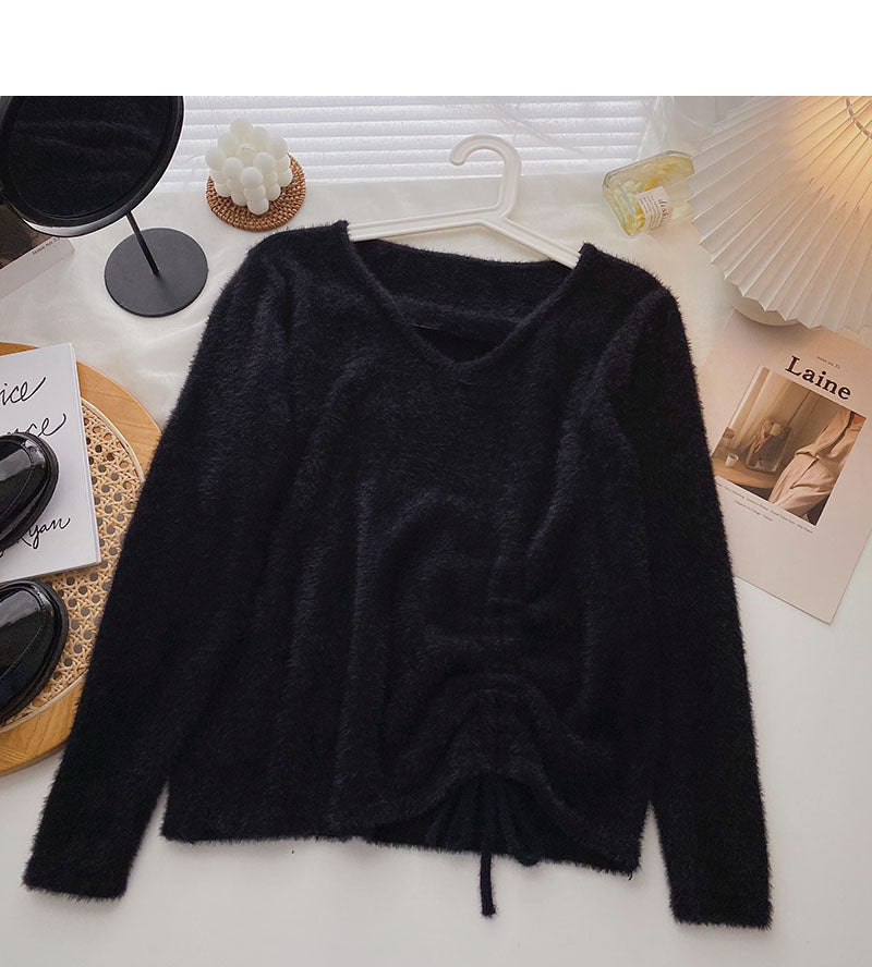 Imitation mink sweater niche V-neck drawstring slim top  6657