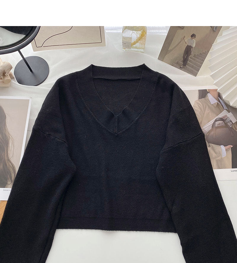 Fauler Strickpullover einfarbig V-Ausschnitt Pullover Top 6677
