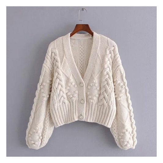 Französischer Retro-Strickcardigan mit V-Ausschnitt und Laternenärmeln 7173