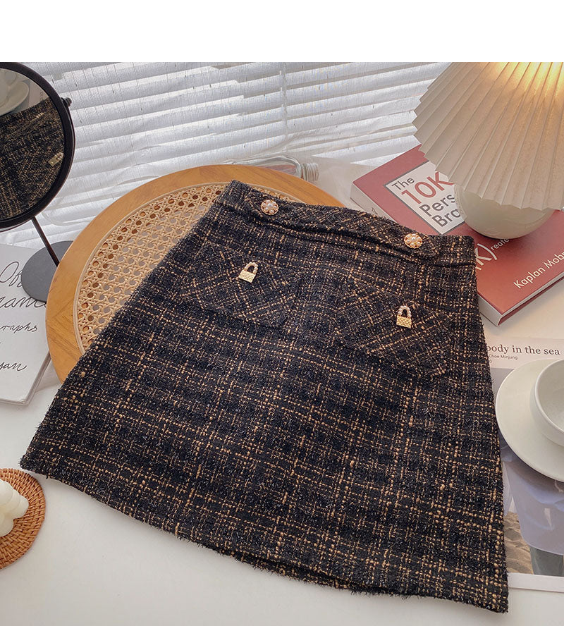 Jupe courte en tweed de soie brillante pour femme Jupe taille haute à carreaux rétro en forme de A 5510