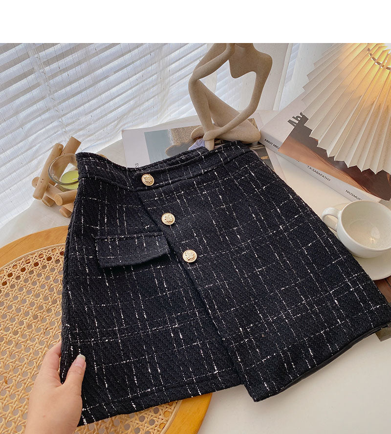 Jupe à carreaux slim taille haute à simple boutonnage de conception irrégulière 5582