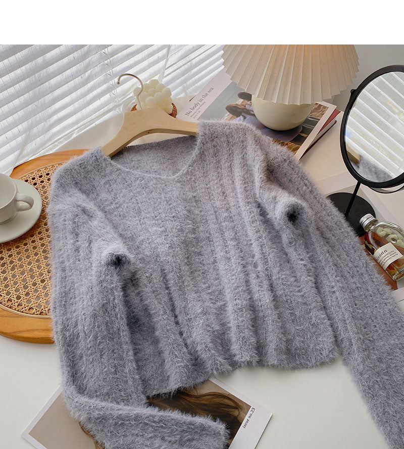 Korean loose V-neck Mohair top  5934