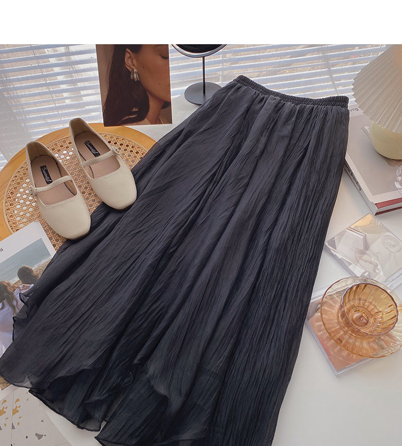 Mesh pleated draped high waist A-shaped medium length skirt  5789