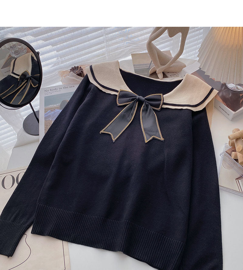 Long sleeved sweater personalized bow Navy collar top  6690