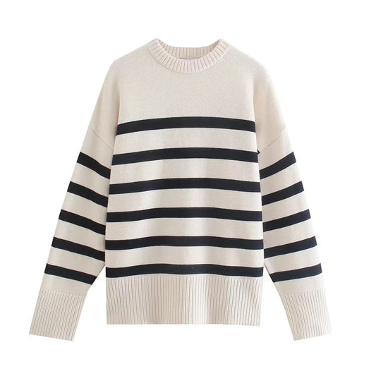Pull rayé décontracté, ample et polyvalent, de style paresseux 7478