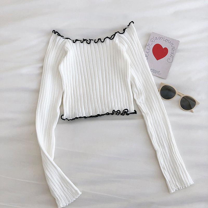 Small sexy leaky lock bone wood ear off shoulder sweater  6440