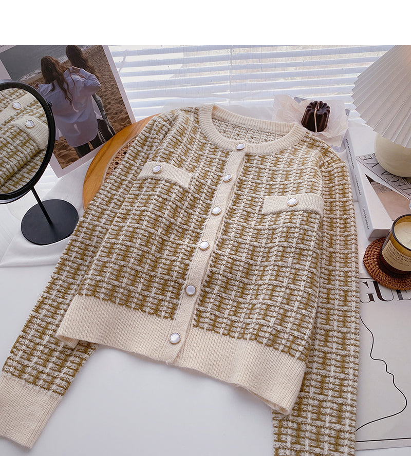 Nouveau cardigan coréen à col rond et petit parfum 6077