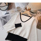 Versatile design contrast V-Neck long sleeve top  6694