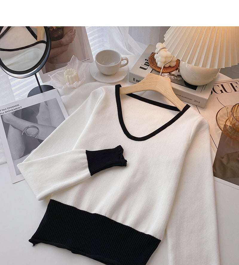 Versatile design contrast V-Neck long sleeve top  6694