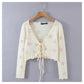 French retro fungus edge embroidered floret lace up slim knit cardigan top  7258