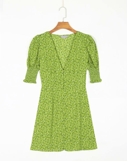 Vintage-Kleid mit V-Ausschnitt, schmaler Taille, Knopf und Blumendruck 7042