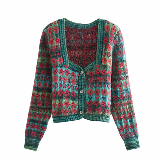 Pullover Mantel Damen Strickjacke mit eckigem Ausschnitt Vintage Kontrast Jacquard Langarm Strick 7159