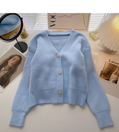 Haut à manches longues à simple boutonnage et perles de style rétro coréen 6023