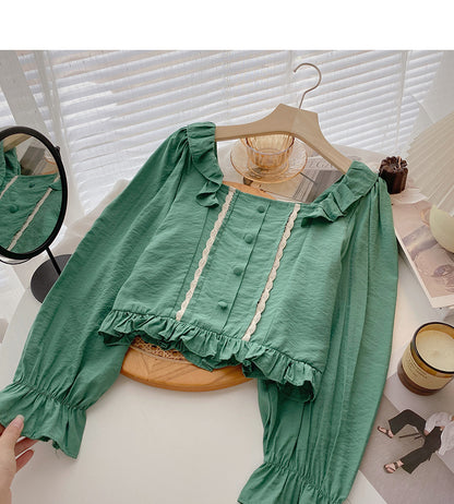 Design sense niche shirt slim French flare sleeve top  6420