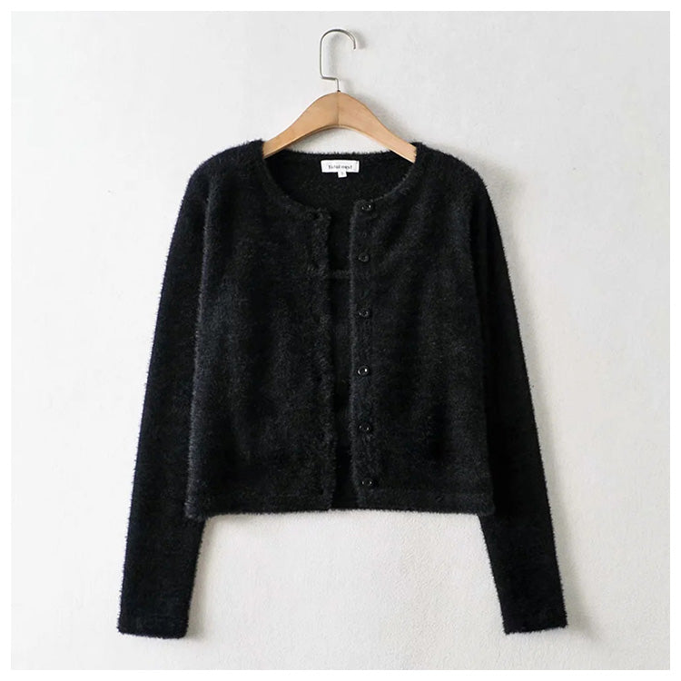 Alternder, süßer, einfarbiger Pullover-Cardigan mit einfachen Knöpfen 7210