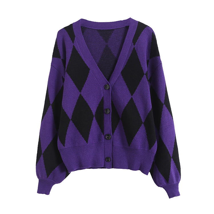 Strickjacke mit V-Ausschnitt und lockerem Temperament für Damen mit Laternenärmeln 7413