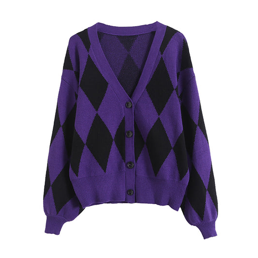 Cardigan tricoté à col en V pour femme, pull ample à manches lanternes 7413