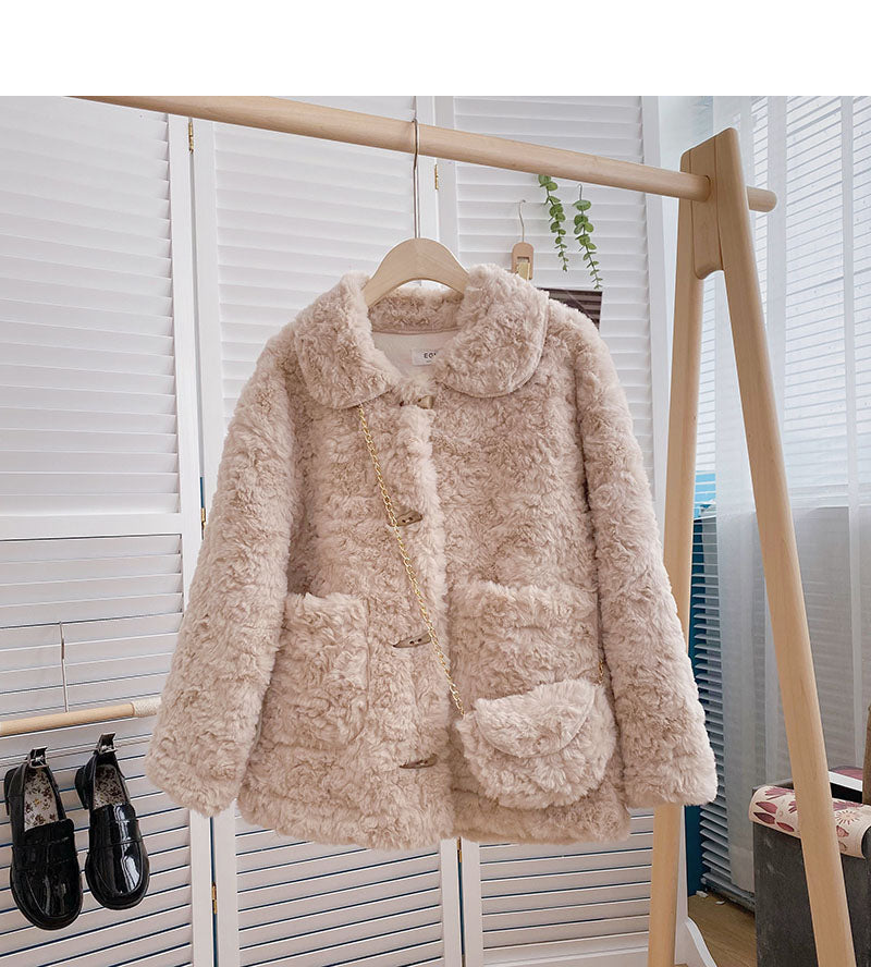 Korean thickened loose lamb wool one-piece coat small ox horn button top  6226
