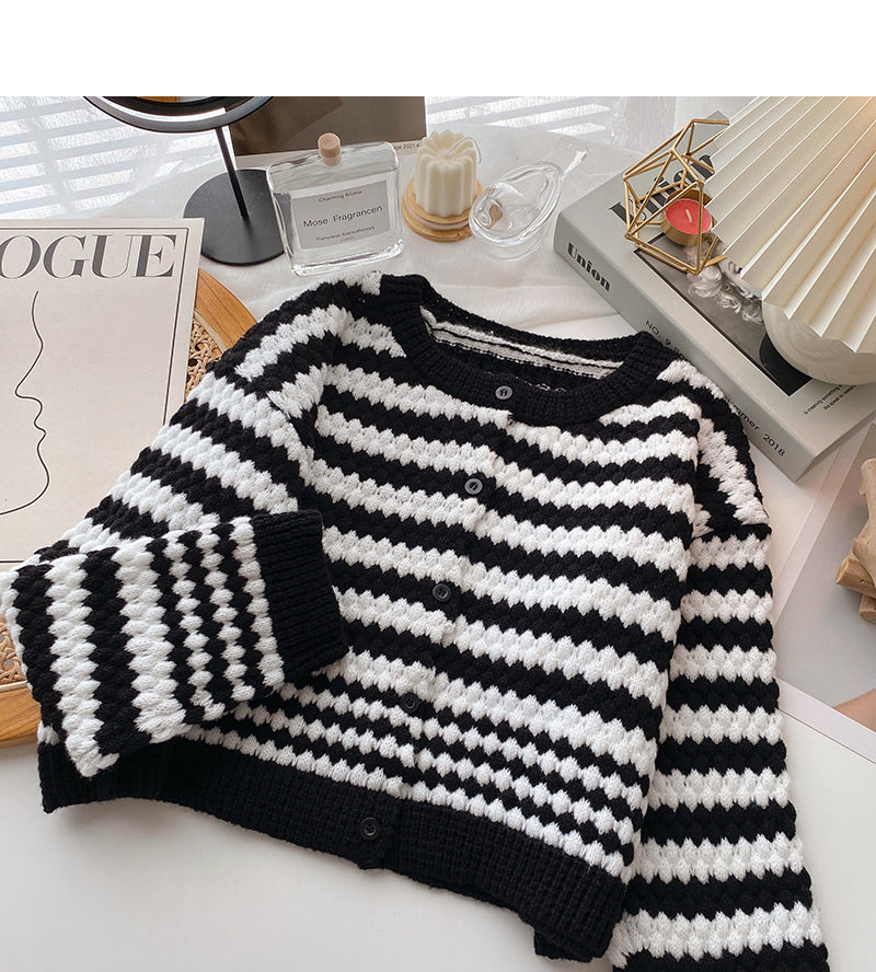 Rundhalspullover Cardigan Damen Streifen Kontrast Langarm 6068