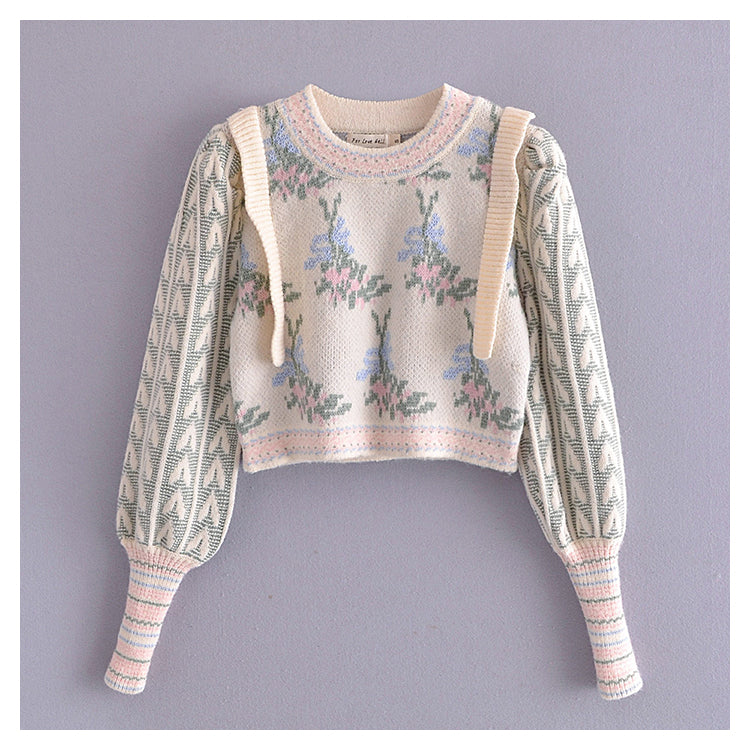 Pull jacquard vintage pour femme, pull à manches bouffantes avec nombril ouvert 7296