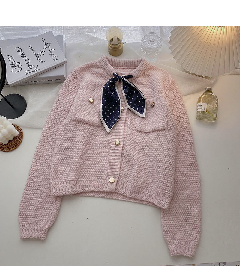 Small retro Silk Scarf Lace up round neck design top  5853
