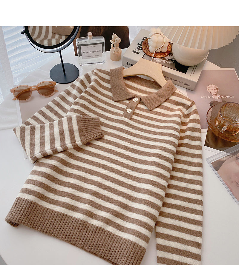 Long Sleeve Striped Sweater Lapel top  6458