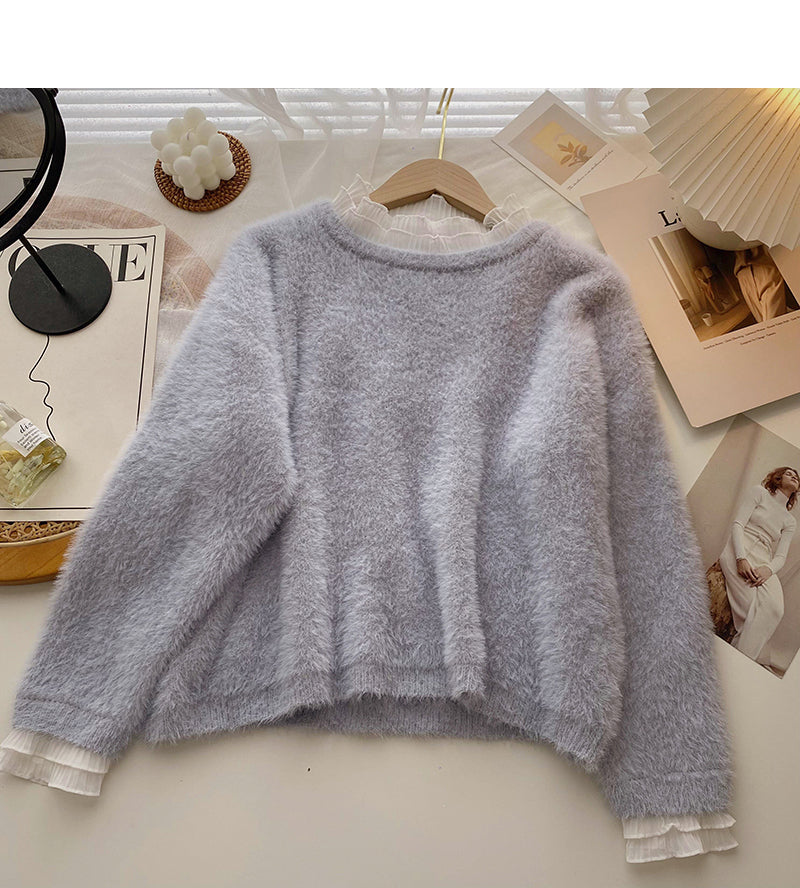 Lace edge stand collar Pullover long sleeve mohair sweater  5973