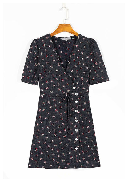 French minority fashion sexy wave dot floral print dress  7051