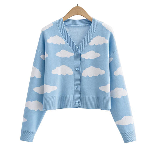 Cardigan tricoté à simple boutonnage avec motif nuage et sens du design minoritaire 7425