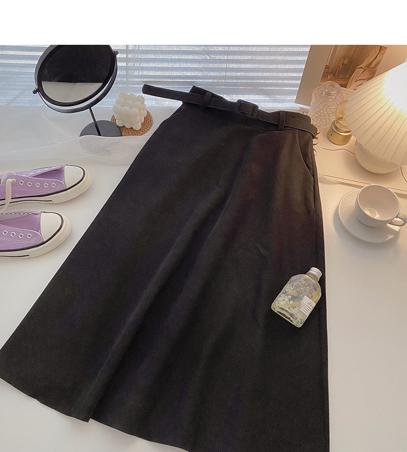 Design-Gefühl für Minderheiten im ausländischen Stil, mittellanger Rock mit hoher Taille und Gürtel 5727
