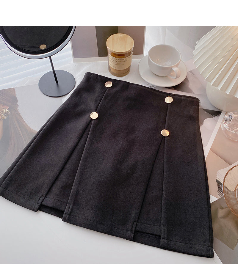 Niche design double row buttons show thin crimp high waist skirt  5652