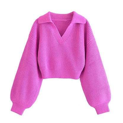 Revers V-Ausschnitt Pullover mit Laternenärmeln Kurzer Vintage-Pullover 7349