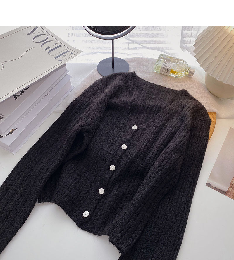 Korean small short long sleeve V-neck knitted cardigan  6493