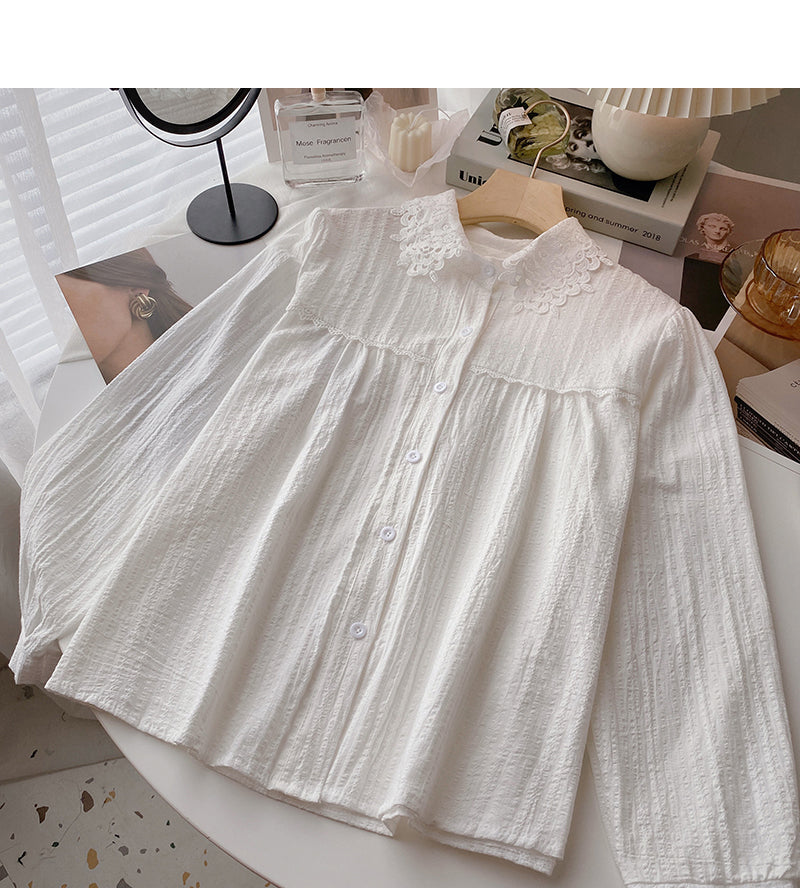 Cut out lace Lapel foreign style long sleeve top  6370