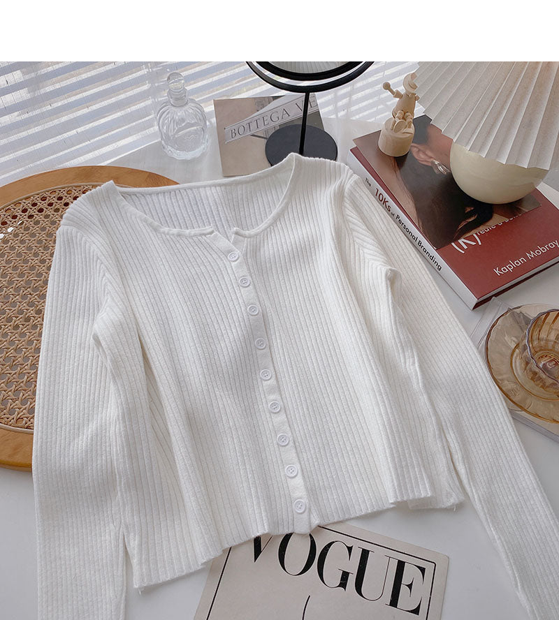 Knitted cardigan women's lazy style solid color versatile long sleeve top  6684