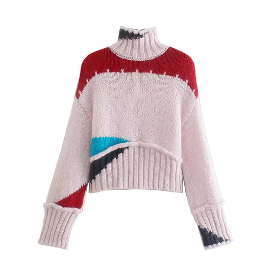 Pull col montant mi-haut à motif de blocage de couleurs, pull paresseux rétro 7420