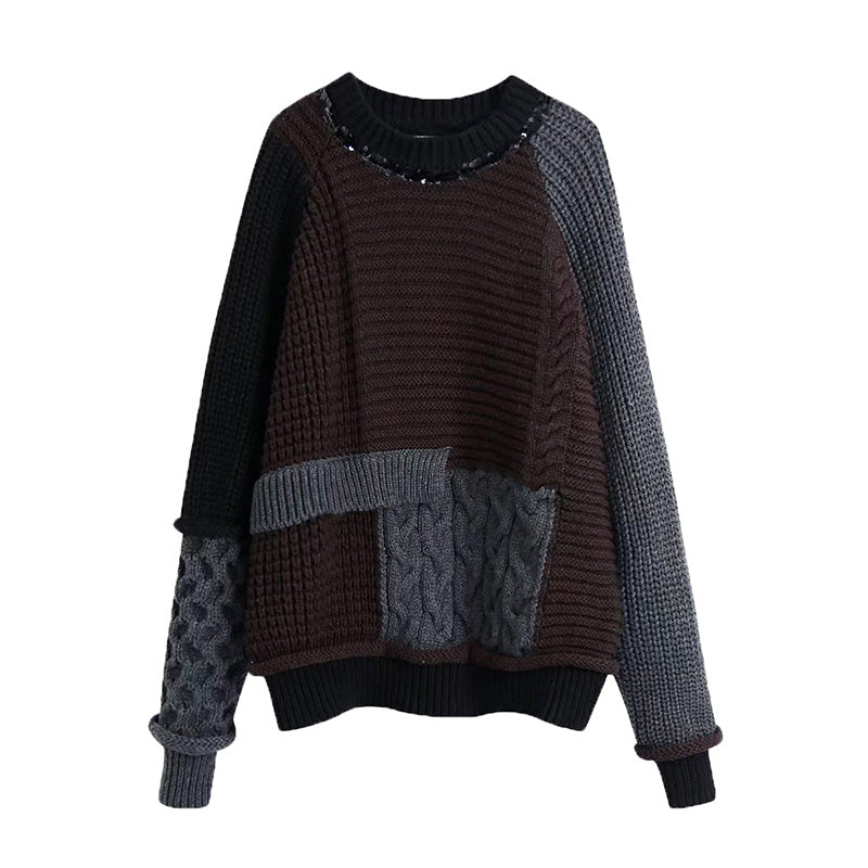 Fashion loose round neck Beaded patchwork sweater  7512