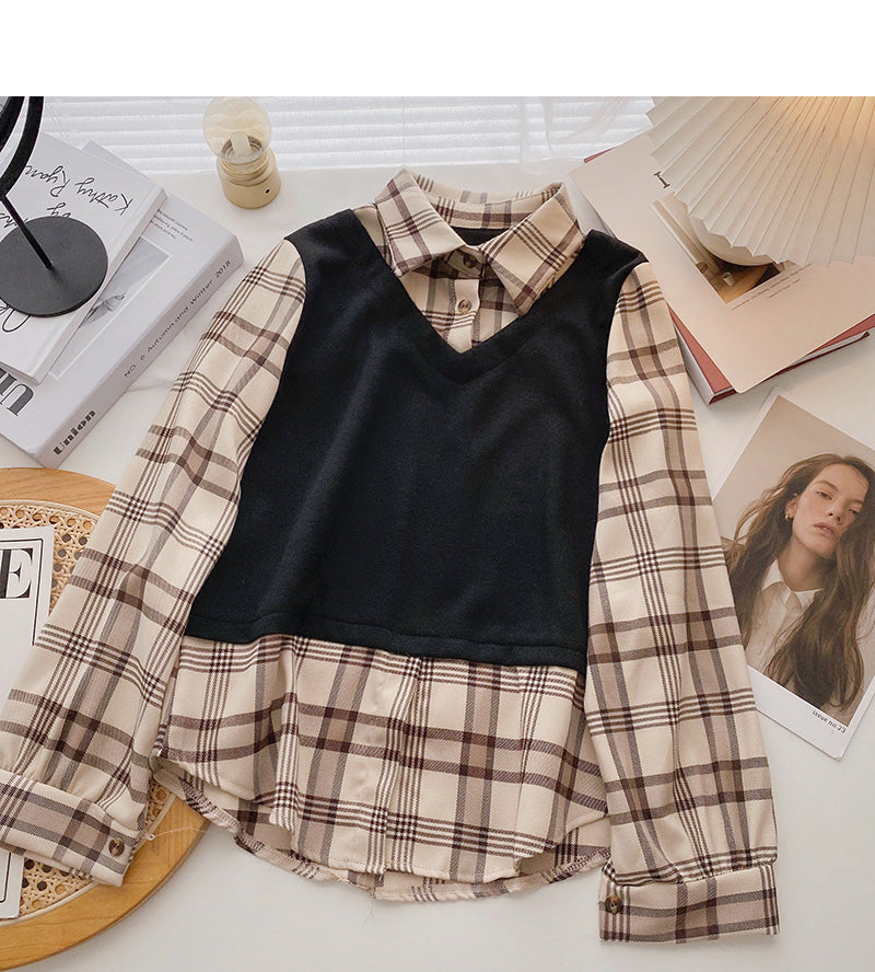 Hong Kong style leisure Plaid long sleeve top  6337