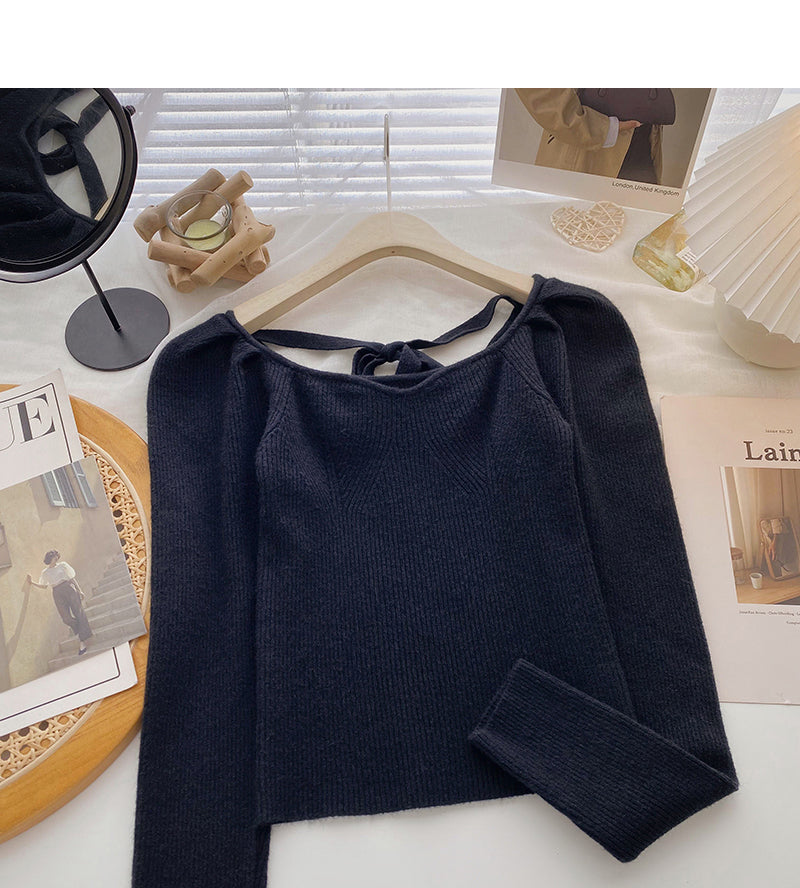 Large round neck leaky clavicle sweater bandage long sleeve top  6611