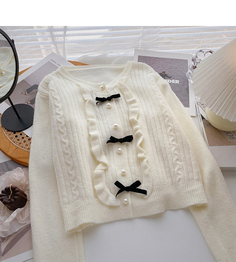 Pull col rond avec nœud et boutons en perles, joli haut à manches longues 6074