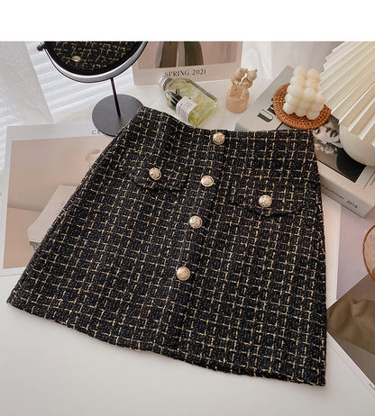 Korean version of thin gold coarse tweed small fragrant grid skirt  5627