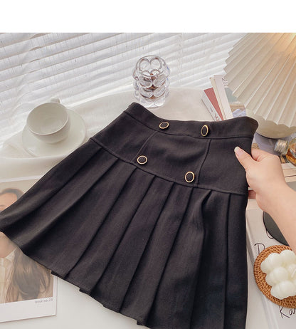 Double breasted decorative high waist design sense of aging retro A-line skirt  5444