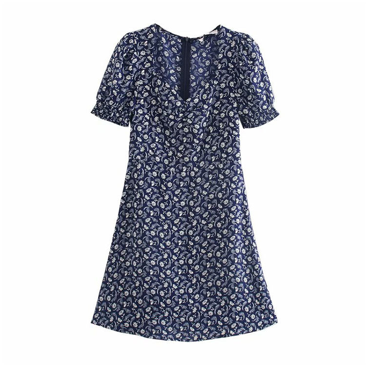 Printed sexy low cut French bubble sleeve dress  7081