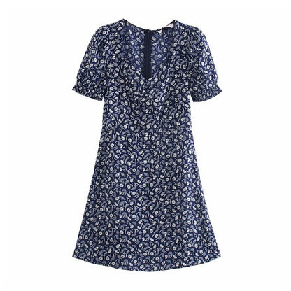 Printed sexy low cut French bubble sleeve dress  7081