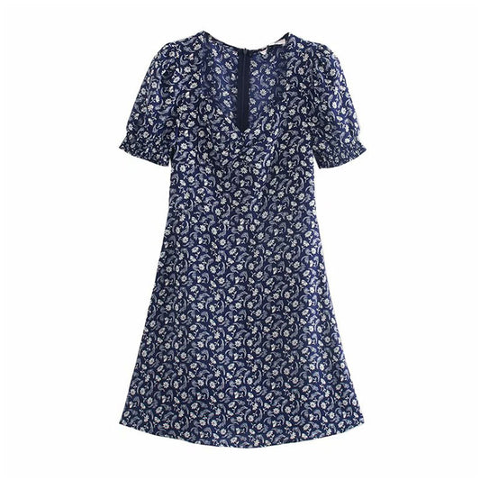 Bedrucktes, tief ausgeschnittenes französisches Kleid mit Blasenärmeln 7081