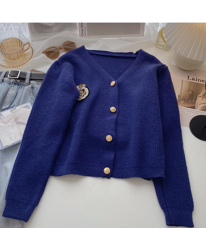 Korean college style personalized badge V-Neck long sleeve aging top  5976
