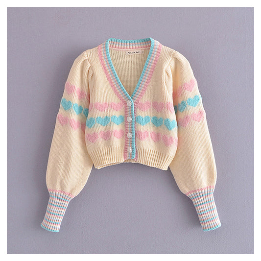 Cardigan tricoté à manches bouffantes et col en V imprimé Love 7191