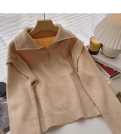 Lazy niche design Half Zip Lapel long sleeve loose top  6116