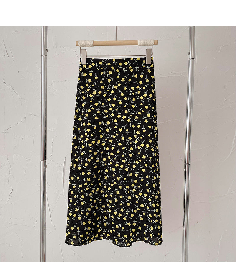Sweet broken flowers show thin high waist A-shaped medium length skirt  5823