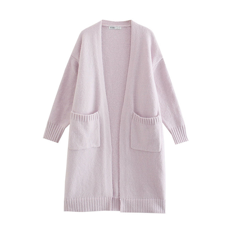 Lazy wind wide elastic pocket long knitted coat cardigan  7469